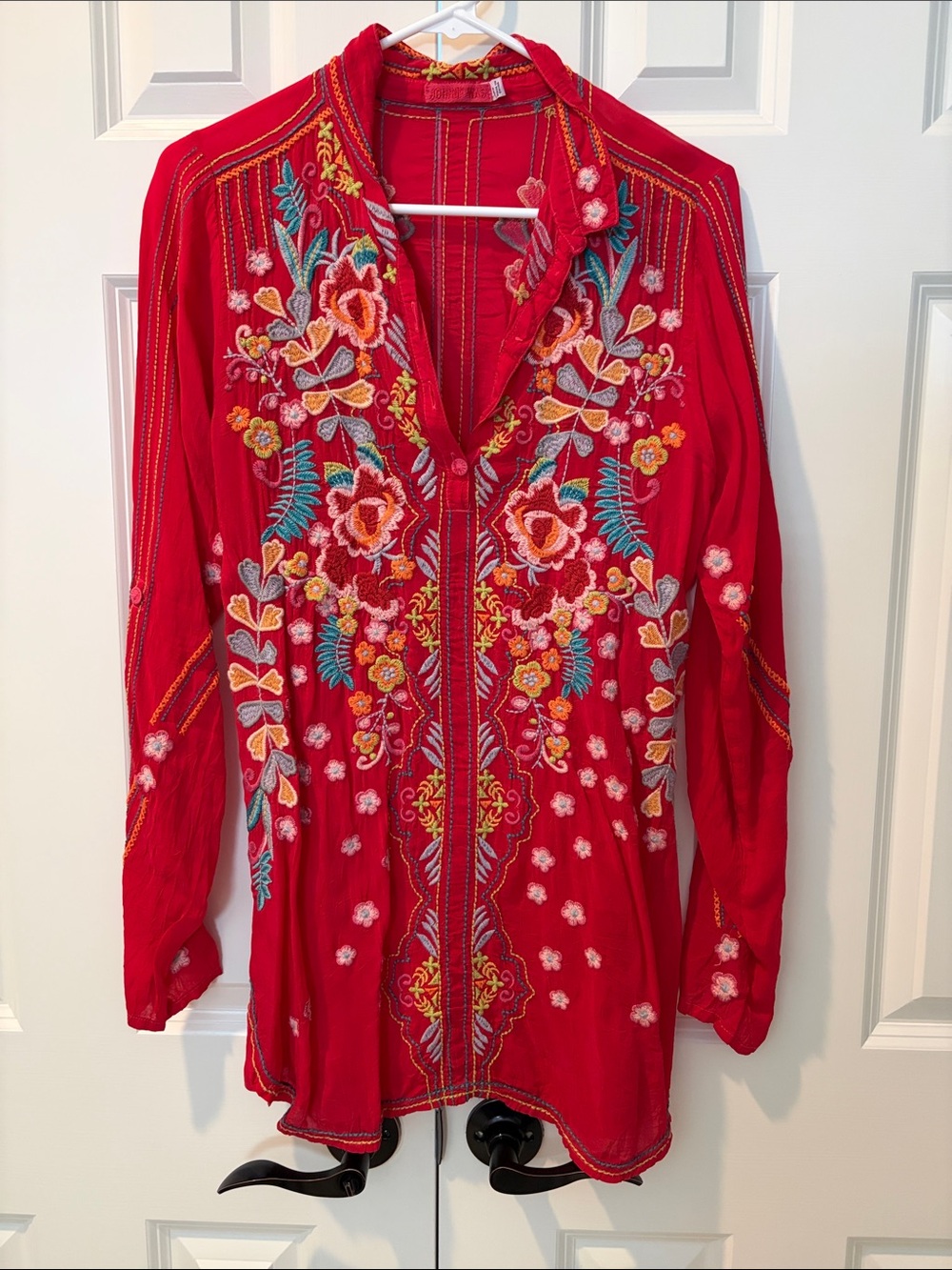Johnny Was Red Embroidered Floral Tunic